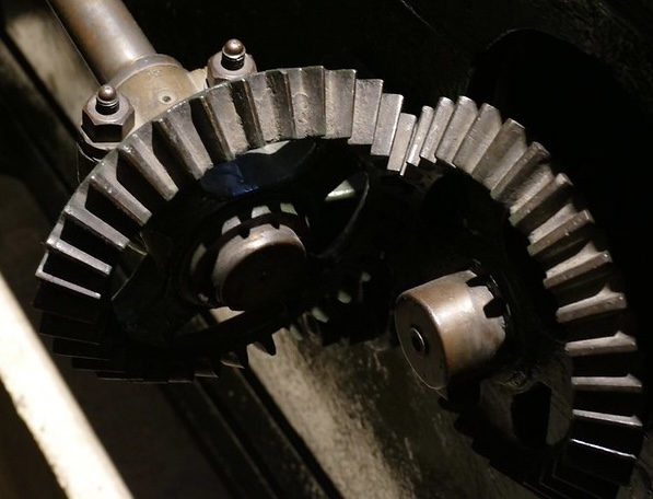 Bevel gears that drive a speed governer on one of the Steam engines at the London Science Museum